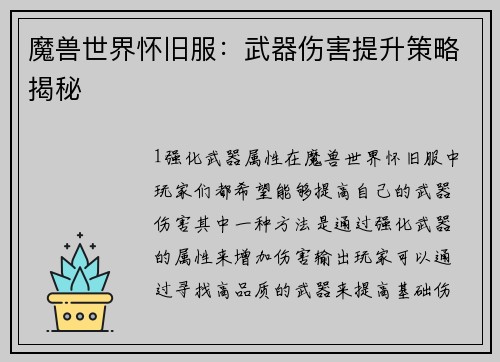 魔兽世界怀旧服：武器伤害提升策略揭秘